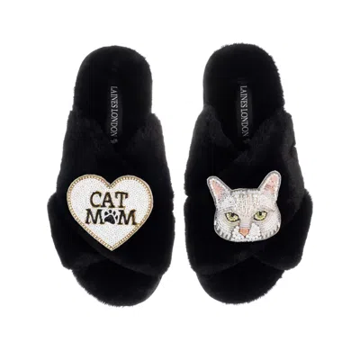 Laines London Women's Classic Laines Slippers With White Lily Cat & Cat Mum / Mom Brooches - Black