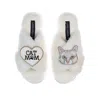 Laines London Women's Classic Laines Slippers With White Lily Cat & Cat Mum / Mom Brooches - Cream In White