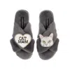 Laines London Women's Classic Laines Slippers With White Lily Cat & Cat Mum / Mom Brooches - Grey In Grey