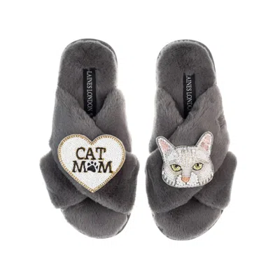 Laines London Women's Classic Laines Slippers With White Lily Cat & Cat Mum / Mom Brooches - Grey