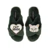 Laines London Women's Classic Laines Slippers With White Lily Cat & Cat Mum / Mom Brooches - Limited Edition Green In Green