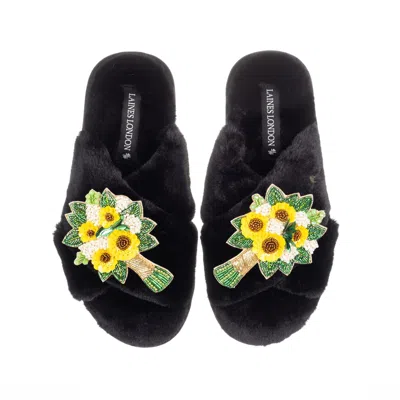 Laines London Women's Classic Laines Slippers With Yellow Bouquet Brooches - Black
