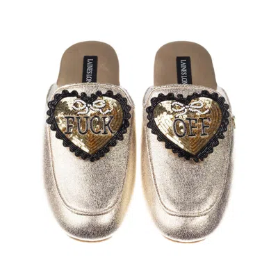 Laines London Women's Classic Mules With Black & Gold Fuck Off Hearts Brooches - Gold