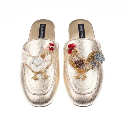 Laines London Women's Classic Mules With Chicken & Rooster Brooches - Gold