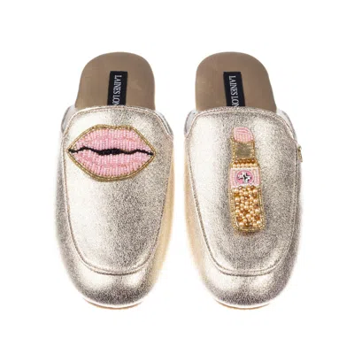 Laines London Women's Classic Mules With Pearl Pink Lips & Lipstick Brooches - Gold