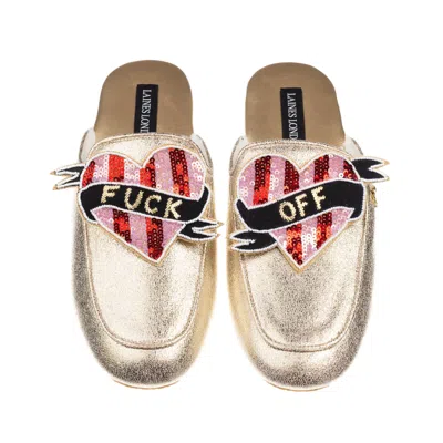 Laines London Women's Classic Mules With Pink & Red Stripe Fuck Off Heart Brooches - Gold