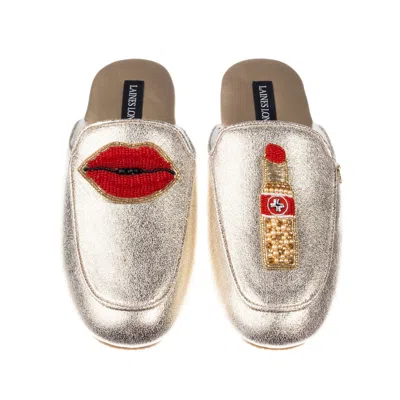 Laines London Women's Classic Mules With Red Lipstick & Lips Brooches - Gold