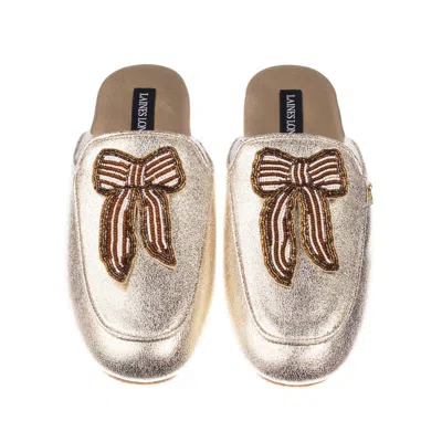Laines London Women's Classic Mules With Stripe Brown Bow Brooches - Gold