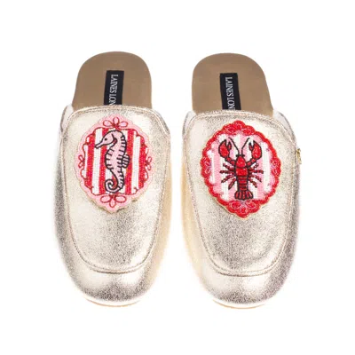 Laines London Women's Classic Mules With Stripe Lobster & Seahorse Brooches - Gold In White