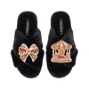 Laines London Women's Classic Slippers With Christmas Bow & Carousel Brooches - Black In Black