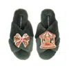 Laines London Women's Classic Slippers With Christmas Bow & Carousel Brooches - Limited Edition Green In Green