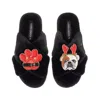 Laines London Women's Classic Slippers With Christmas British Bulldog & Paw Brooches - Black In Black