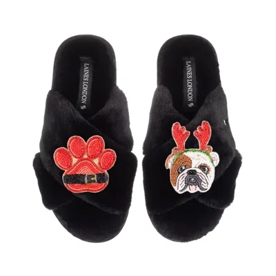 Laines London Women's Classic Slippers With Christmas British Bulldog & Paw Brooches - Black