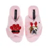 Laines London Women's Classic Slippers With Christmas British Bulldog & Paw Brooches - Pink In Pink