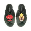 Laines London Women's Classic Slippers With Christmas Brown/orange Tabby Cat & Paw Brooches - Limited Edition Gree In Green