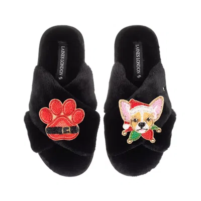 Laines London Women's Classic Slippers With Christmas Chihuahua & Paw Brooches - Black