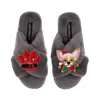 Laines London Women's Classic Slippers With Christmas Chihuahua & Paw Brooches - Grey In Gray