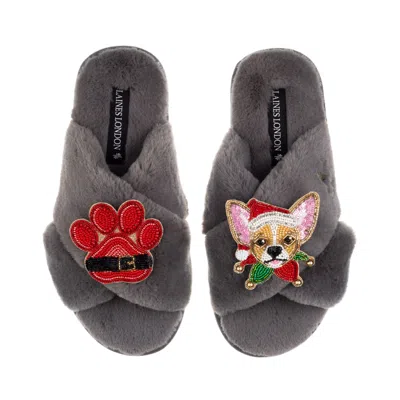 Laines London Women's Classic Slippers With Christmas Chihuahua & Paw Brooches - Grey In Gray