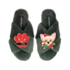 Laines London Women's Classic Slippers With Christmas Chihuahua & Paw Brooches - Limited Edition Green In Green