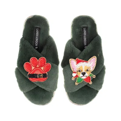 Laines London Women's Classic Slippers With Christmas Chihuahua & Paw Brooches - Limited Edition Green