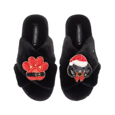 Laines London Women's Classic Slippers With Christmas Dachshund & Paw Brooches - Black
