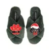 Laines London Women's Classic Slippers With Christmas Dachshund & Paw Brooches - Limited Edition Green In Transparent
