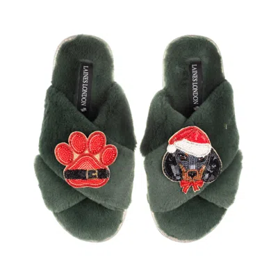 Laines London Women's Classic Slippers With Christmas Dachshund & Paw Brooches - Limited Edition Green In Transparent