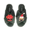 Laines London Women's Classic Slippers With Christmas Fawn Pug & Paw Brooches - Limited Edition Green In Green