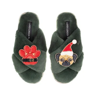 Laines London Women's Classic Slippers With Christmas Fawn Pug & Paw Brooches - Limited Edition Green