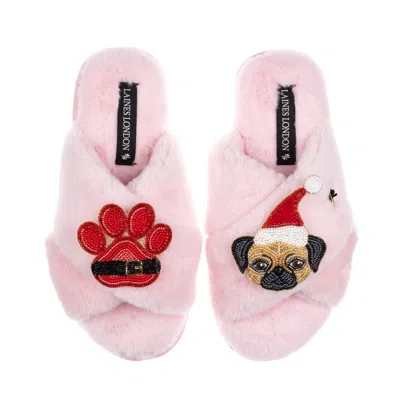 Laines London Women's Classic Slippers With Christmas Fawn Pug & Paw Brooches - Pink In Animal Print