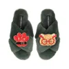 Laines London Women's Classic Slippers With Christmas Golden British Shorthair Cat & Paw Brooches - Limited Editio In Green
