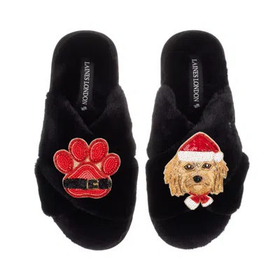 Laines London Women's Classic Slippers With Christmas Golden Cavapoo & Paw Brooches - Black