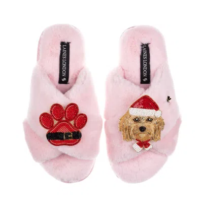 Laines London Women's Classic Slippers With Christmas Golden Cavapoo & Paw Brooches - Pink In Animal Print