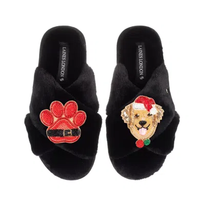 Laines London Women's Classic Slippers With Christmas Golden Retriever & Paw Brooches - Black
