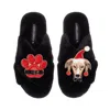 Laines London Women's Classic Slippers With Christmas Greyhound & Paw Brooches - Black In Black