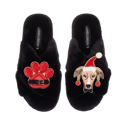 Laines London Women's Classic Slippers With Christmas Greyhound & Paw Brooches - Black