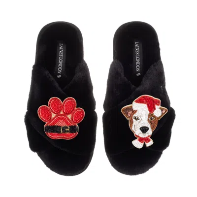 Laines London Women's Classic Slippers With Christmas Jack Russell & Paw Brooches - Black