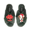 Laines London Women's Classic Slippers With Christmas Jack Russell & Paw Brooches - Limited Edition Green In Green