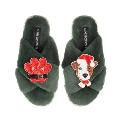 Laines London Women's Classic Slippers With Christmas Jack Russell & Paw Brooches - Limited Edition Green