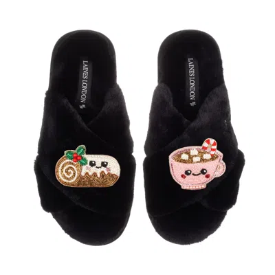 Laines London Women's Classic Slippers With Christmas Laines Lovable Yule Log & Hot Chocolate Brooches - Black