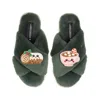 Laines London Women's Classic Slippers With Christmas Laines Lovable Yule Log & Hot Chocolate Brooches - Limited E In Green