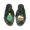 Laines London Women's Classic Slippers With Christmas Laines Lovables Pudding & Tree Brooches - Limited Edition Gr In Green