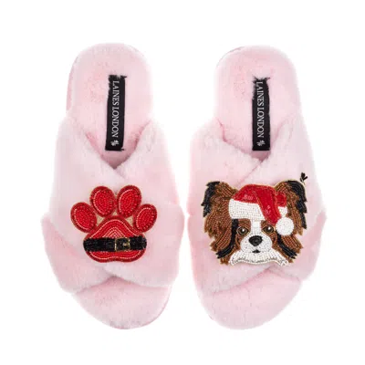 Laines London Women's Classic Slippers With Christmas Papillon & Paw Brooches - Pink