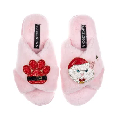 Laines London Women's Classic Slippers With Christmas White Persian Cat & Paw Brooches - Pink