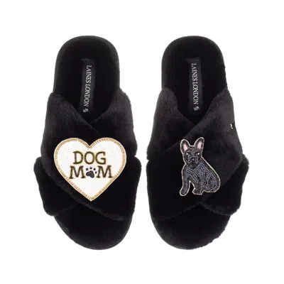 Laines London Women's Classic Slippers With Dog Mum/mom & Black Sitting French Bulldog Brooches - Black