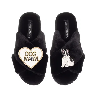 Laines London Women's Classic Slippers With Dog Mum/mom & Black/white Sitting French Bulldog Brooches - Black