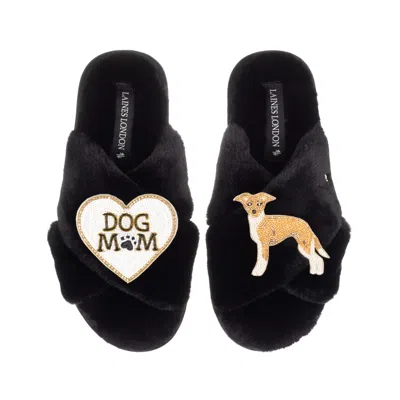 Laines London Women's Classic Slippers With Dog Mum/mom & Fawn & White Italian Greyhound Brooches - Black