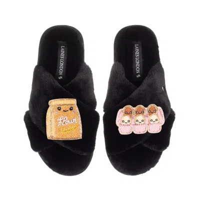 Laines London Women's Classic Slippers With Laines Lovables Eggs & Flour Brooches - Black