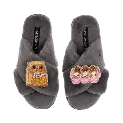 Laines London Women's Classic Slippers With Laines Lovables Eggs & Flour Brooches - Grey In Gray
