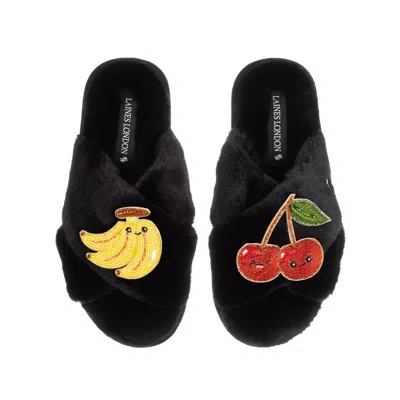 Laines London Women's Classic Slippers With Laines Loveables Banana & Cherry Brooches - Black